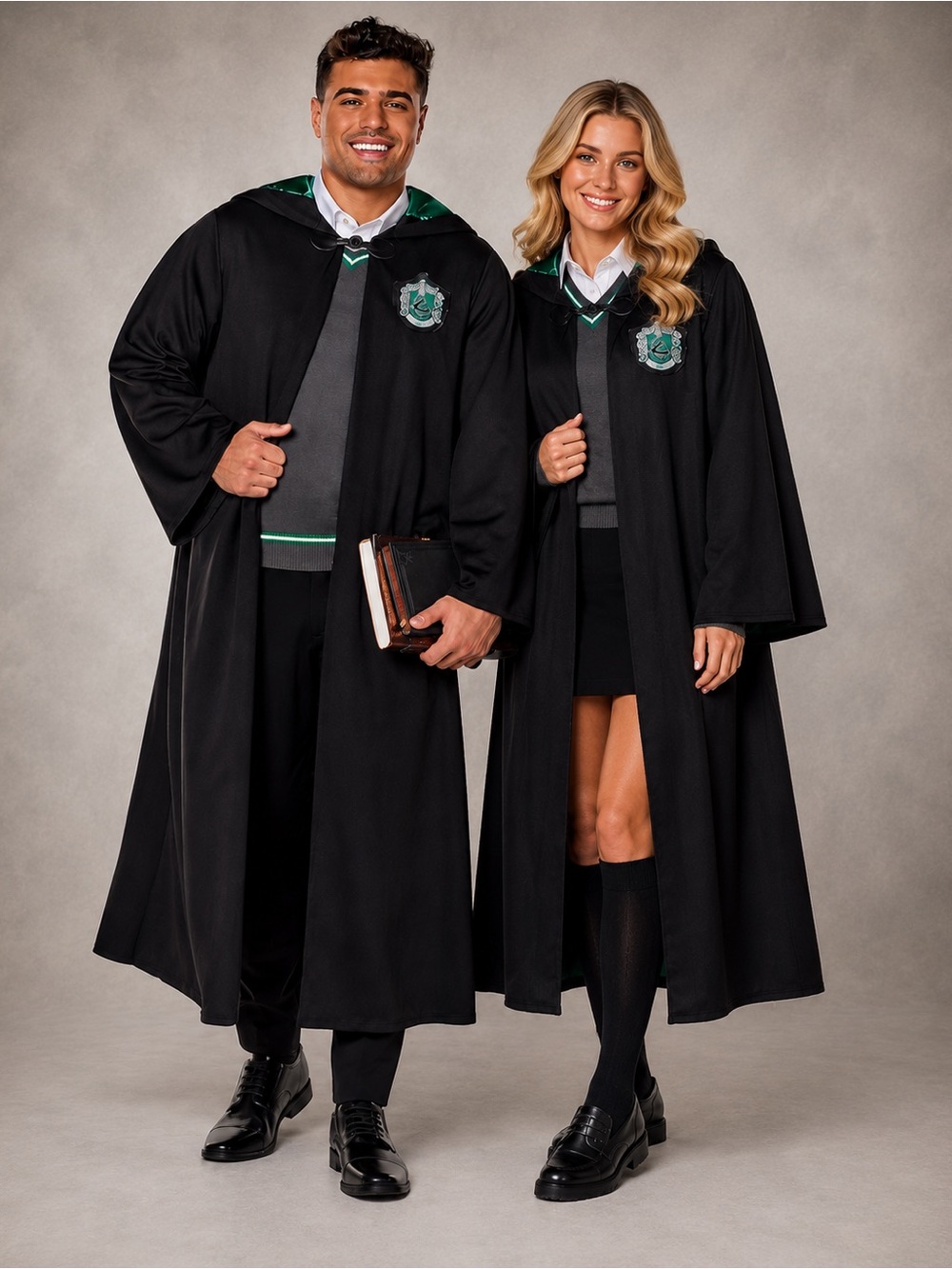 Slytherin-Inspired Black Wizard Robe with Green Trim